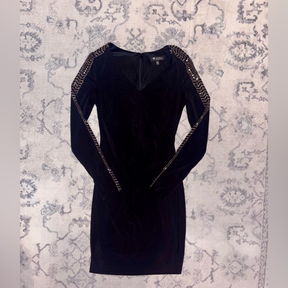 Guess Y2K Vintage Black Body Con Dress - Size 4 - Embellished Sleeves, Stretch.